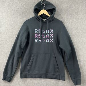Men’s Slim M Black Hoodie Japanese Katakana RELAX Print Fleece Lined Pullover